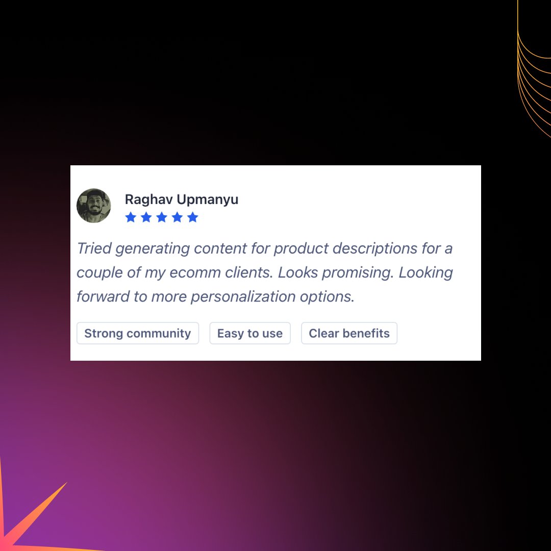 rohitmah's tweet photo. Last week we launched https://t.co/N0w5W3AgcS on Product Hunt and what an impact we have seen it create!

🤖3000+ prompts generated
👥1180 unique users
🌐~14k site visits
⬆️533 upvotes
😀140 reviews

Check out some of them below👇 https://t.co/uEB1fgPfYj