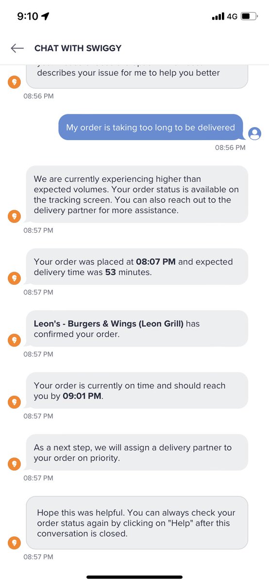 integrating_'s tweet photo. Keep trying to contact customer service but all I get is a bot, can’t even talk to an actual person. On top of that the bot continuously keeps changing my arrival time. Not expected @Swiggy @SwiggyCares https://t.co/FACkwaMoNd