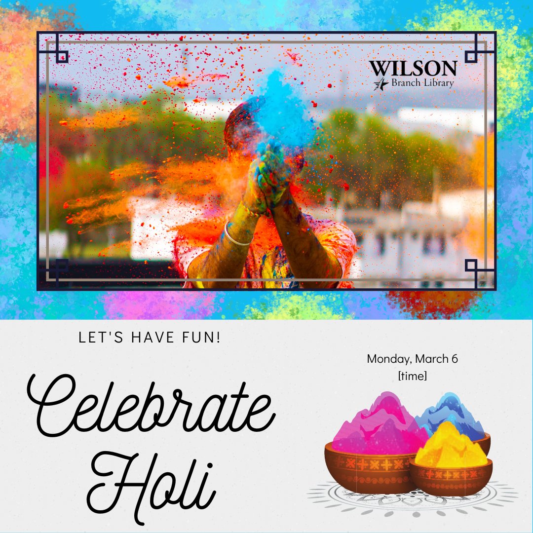 Celebrate Holi Storytime and Craft
Monday, March 6, 
10:30am - 11:30am
Author Priya Gupta will be reading "My Holi: Colors of Cheer" followed by some fun with "Color Splash Art." windsorpl.librarycalendar.com/event/celebrat…