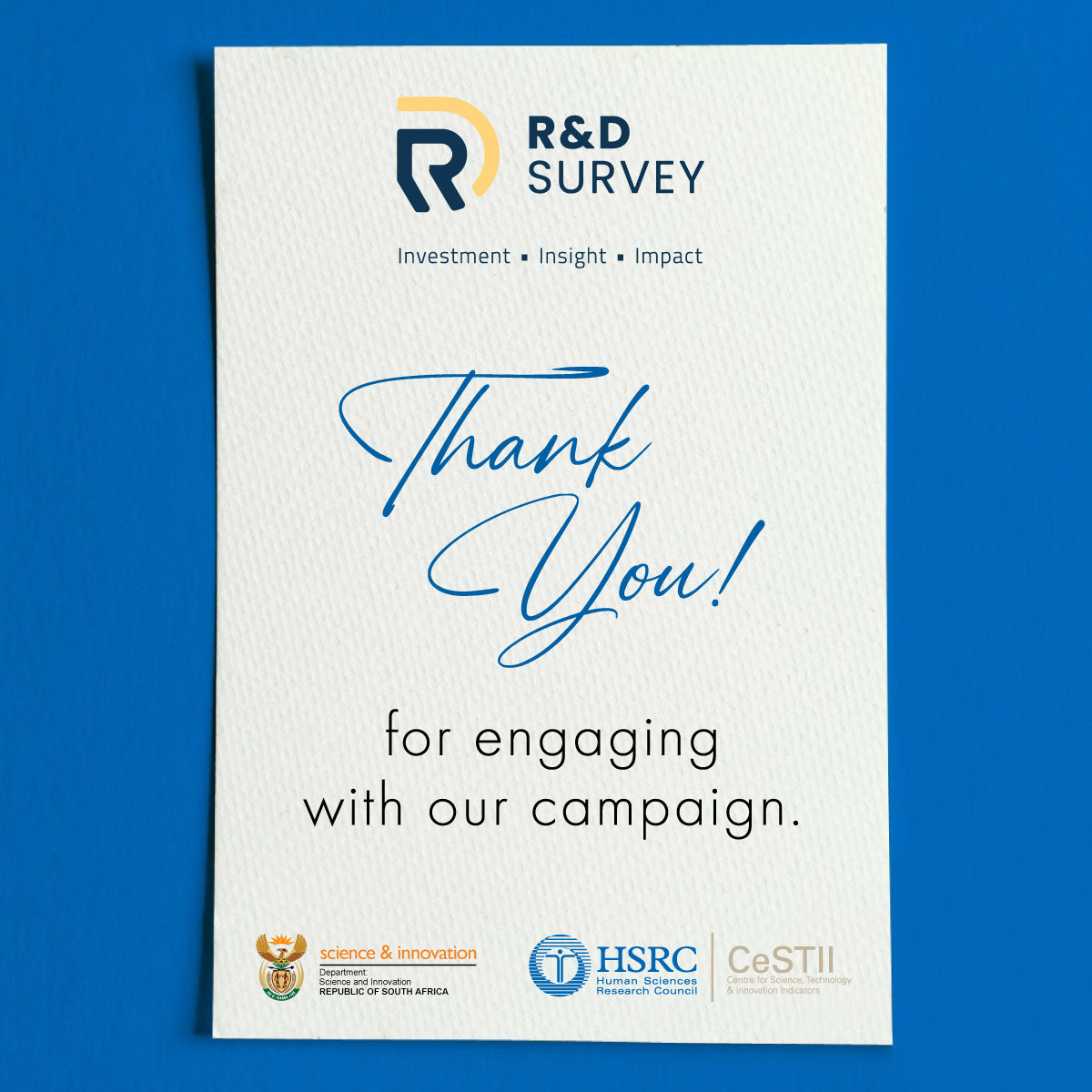 CeSTII_HSRC's tweet photo. Thank you for following the R&D Survey 2020/21 campaign. We appreciate it and keep following us for more information.
#hsrc #cestii #researchanddevelopment #research #innovation #southafrica #innovationindicators #science #technology #thankyou https://t.co/VPbbMMJ31Z