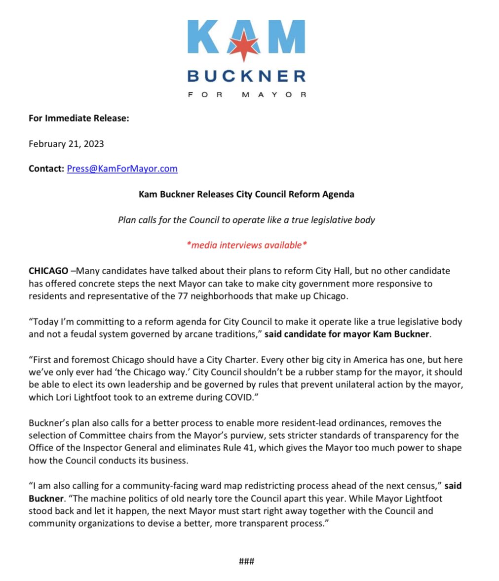 Kam Buckner on X: Today, I released my plan to reform City Council; my  agenda will take concrete step towards making City Council operate like a  true legislative body. Read the full