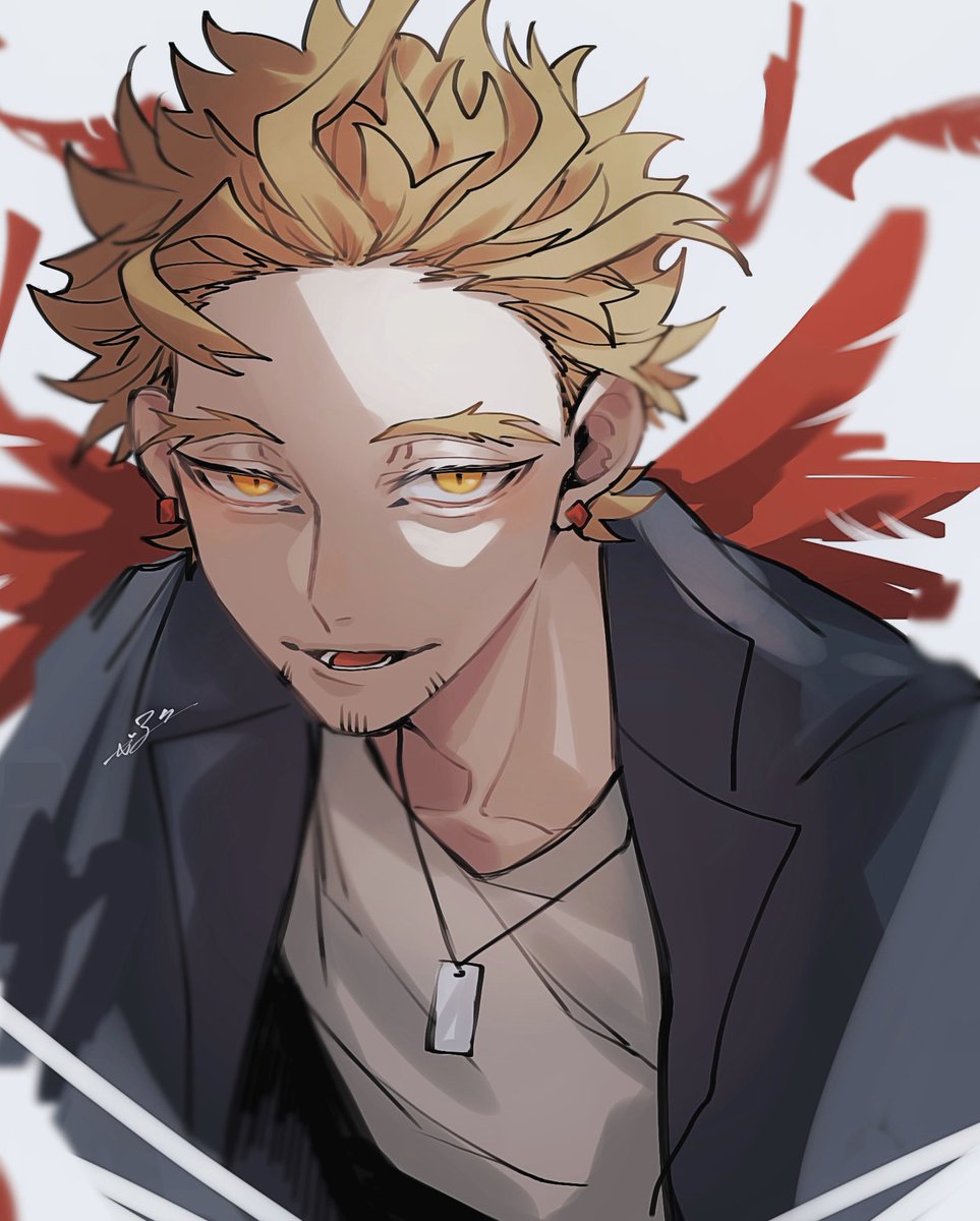hawks (boku no hero academia) 1boy male focus blonde hair jewelry solo wings facial hair  illustration images