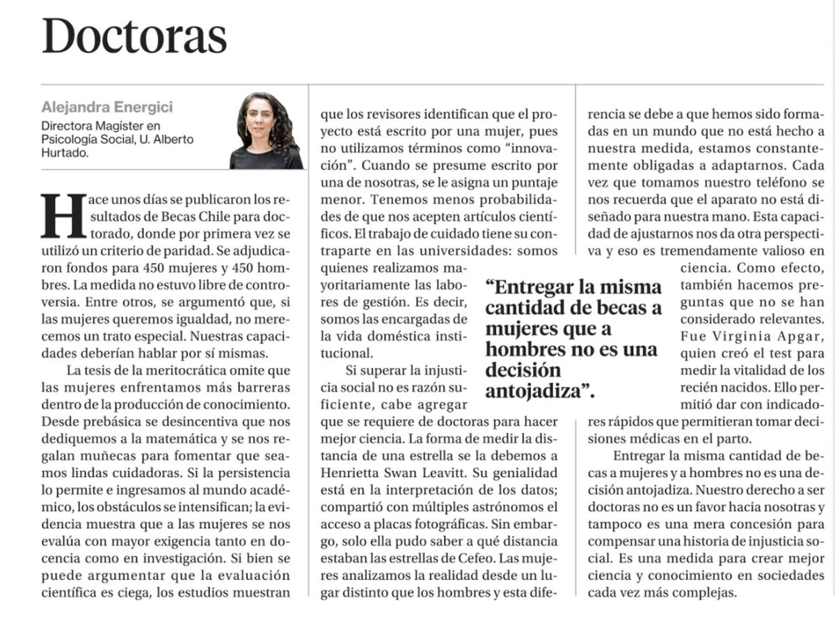 Ale Energici (@aleenergici) on Twitter photo A propósito de la paridad en Becas Chile, mi columna en La Segunda sobre la necesidad de tener Doctoras.
Pase, lea y difunda 🙌🏽🙌🏽 <a href="/RedInvestChile/">Asociación Red de Investigadoras</a> <a href="/PsicologiaUAH/">Psicología UAH</a> A propósito de la paridad en Becas Chile, mi columna en La Segunda sobre la necesidad de tener Doctoras.
Pase, lea y difunda 🙌🏽🙌🏽 <a href="/RedInvestChile/">Asociación Red de Investigadoras</a> <a href="/PsicologiaUAH/">Psicología UAH</a>
