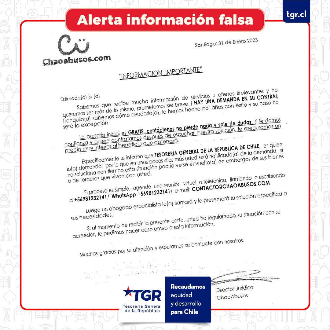 tgrchile's tweet photo. ¡Alerta 🚨!
📌 Informamos de una información FALSA vía carta certificada, que utiliza el nombre de TGR con fines maliciosos. Tener precaución y NO comunicarse con sus canales de contacto ⛔️
📢 Ayúdanos compartiendo esta información❗️
#TGRsegura #InfoFalsa https://t.co/qR7CWaTstv