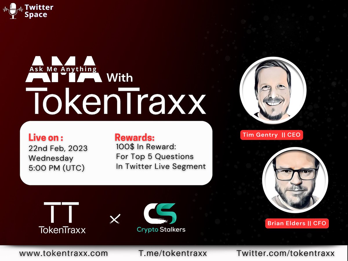 Zain_Onchain's tweet photo. 🎙️Tune in our upcoming Twitter Space #AMA on Feb 22nd, 5:00 PM UTC with @TokenTraxx 

🥂Pool: 100$

➡️ Set a reminder: https://t.co/7pthBCSm4J

✨ Rules ⤵️ 
☑️ Follow us &amp; @TokenTraxx 
☑️ RT &amp; tag 3 friends
☑️ Quote tweet your Questions
☑️ Join the space https://t.co/qSjpGo48of