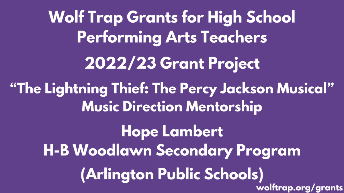 WolfTrap_Edu's tweet image. Congrats to Hope Lambert from H-B Woodlawn Secondary (@HBWProgram) on her Wolf Trap Grants for High School Performing Arts Teachers project, "The Lightning Thief: The Percy Jackson Musical," for Arlington Public Schools (@APSVirginia)! @APSArts @Principal_YHS #LoveHB
