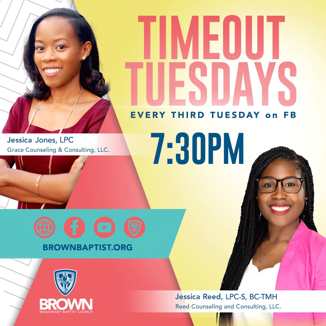BrownBaptist's tweet image. It's the 3rd weekend of the month, so you know what time it is TIMEOUT TUESDAY with Pastor Petty!

Grab a friend and join us on the virtual couch 🛋 TONIGHT at 7:30 PM‼️

#BrownBaptist #YearofHousing #TimeoutTuesday #MentalHealth #BMBC