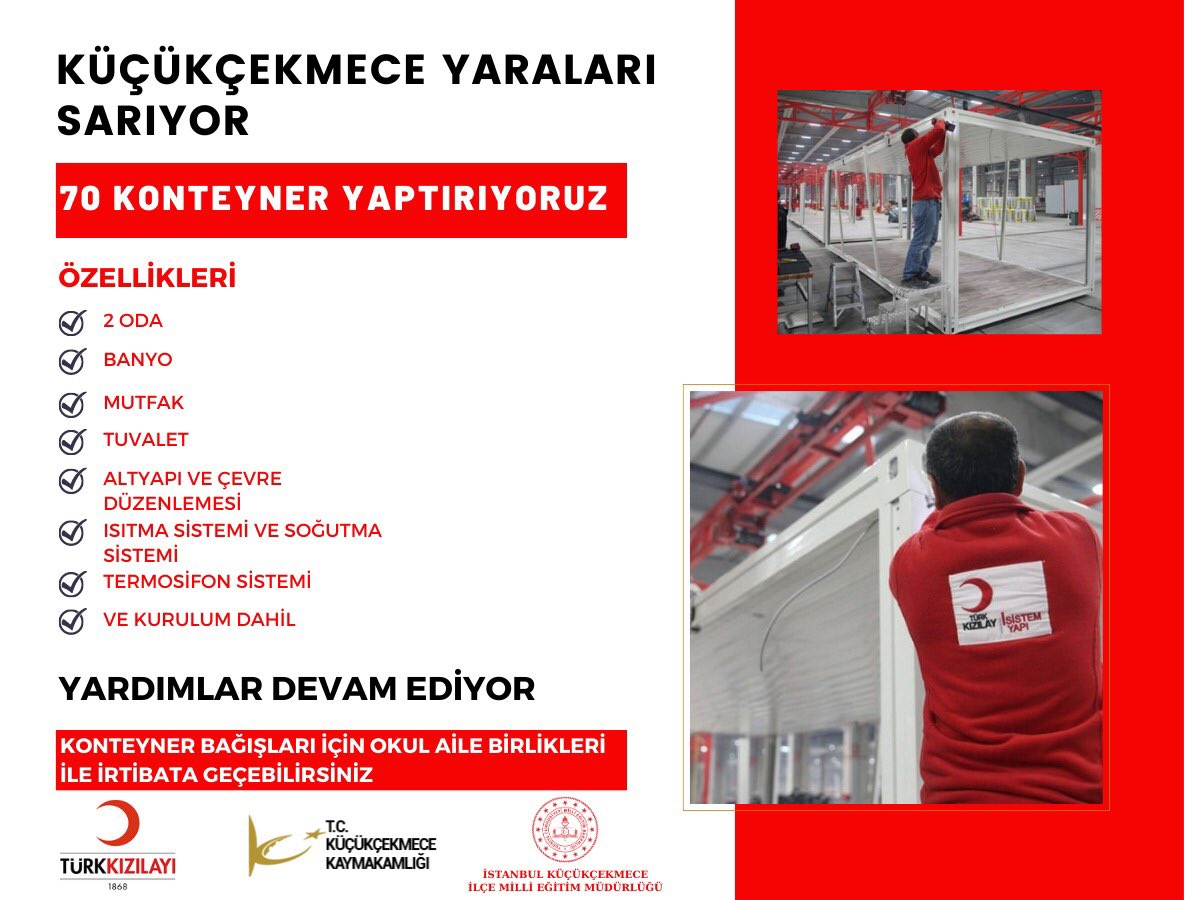 🇹🇷Depremzede kardeşlerimiz için başlattığımız kampanya kapsamında kısa sürede 70 konteyner kuracak seviyeye ulaştık. Kampanyamız tüm hızıyla devam ediyor. Küçükçekmece ailesi olarak yaraları birlikte sarıyoruz.<a href="/Kizilay/">Türk Kızılay</a> <a href="/KcekmeceKymklik/">T.C. Küçükçekmece Kaymakamlığı 🇹🇷</a> <a href="/muratgozudok1/">Murat Gözüdok</a>