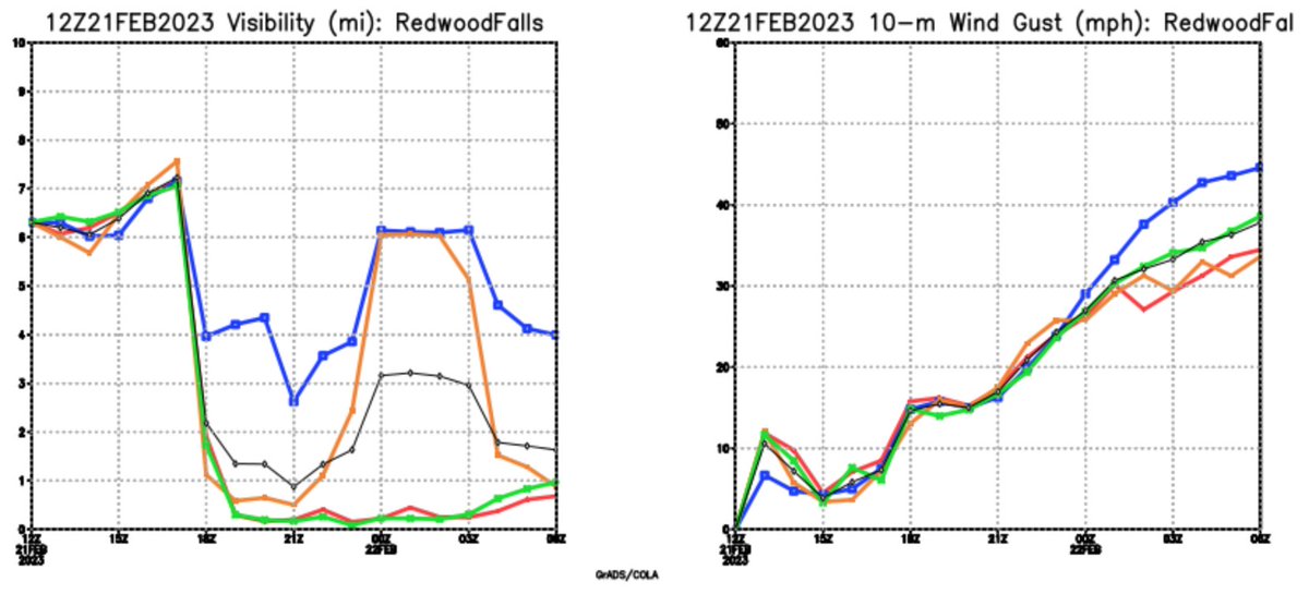 HopWRF's tweet photo. From the 12Z ensemble we look at the Aviation plumes. Here we can see across the region from RWF, to MSP, to EAU when the visibility dives due to snow starting and when the winds pick up. It will be a challenging late afternoon and evening! #mnwx #wiwx https://t.co/ucPyeUZH3z