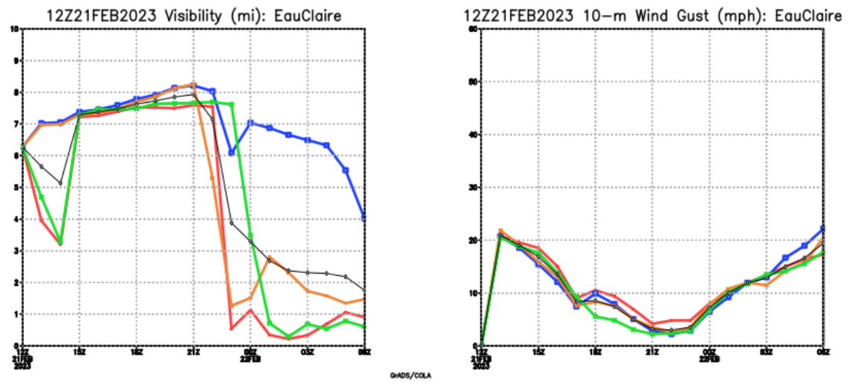 From the 12Z ensemble we look at the Aviation plumes. Here we can see across the region from RWF, to MSP, to EAU when the visibility dives due to snow starting and when the winds pick up. It will be a challenging late afternoon and evening! #mnwx #wiwx
