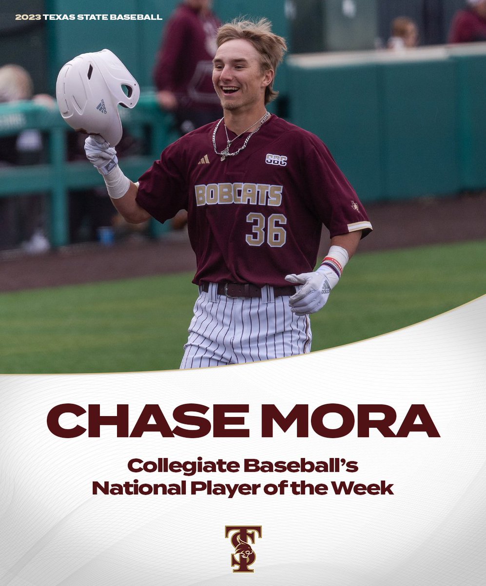 TxStateBaseball's tweet photo. A historic start to his career sees Chase Mora be named one of Collegiate Baseball's National Players of the Week!

📰: https://t.co/nsICWaYPI0

#EatEmUp #SlamMarcos x @chasemora11 https://t.co/7UrZXco4Fj