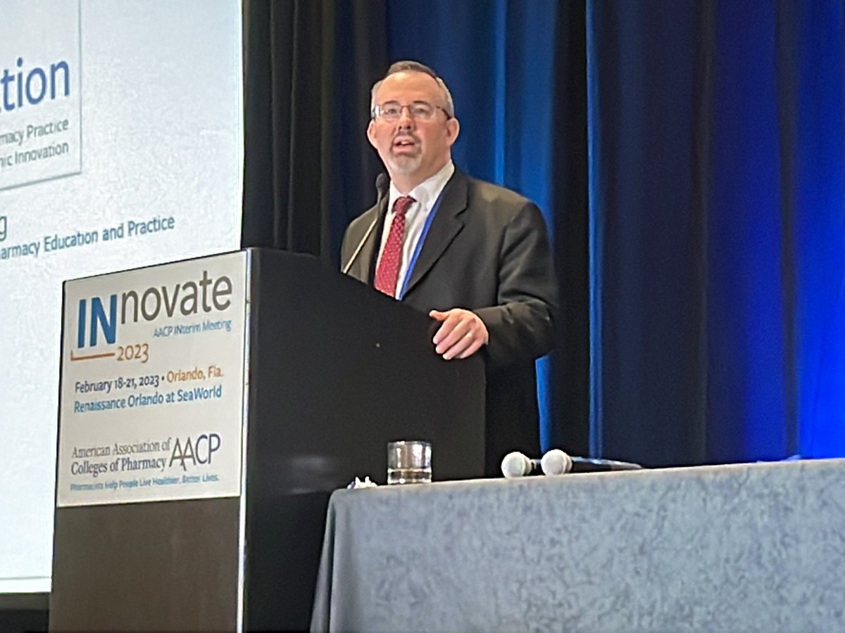AACPharmacy's tweet photo. “What…can we focus on to optimize community practice? 

How can we engage leaders to strengthen the pharmacy workforce pipeline?”

President-elect Dr. Craig Cox (@TTUHSCSOP) opens the final #INterim23 session by detailing the mission of the AACP Transformation Center (#AACPATC). https://t.co/gq5drtNzKX
