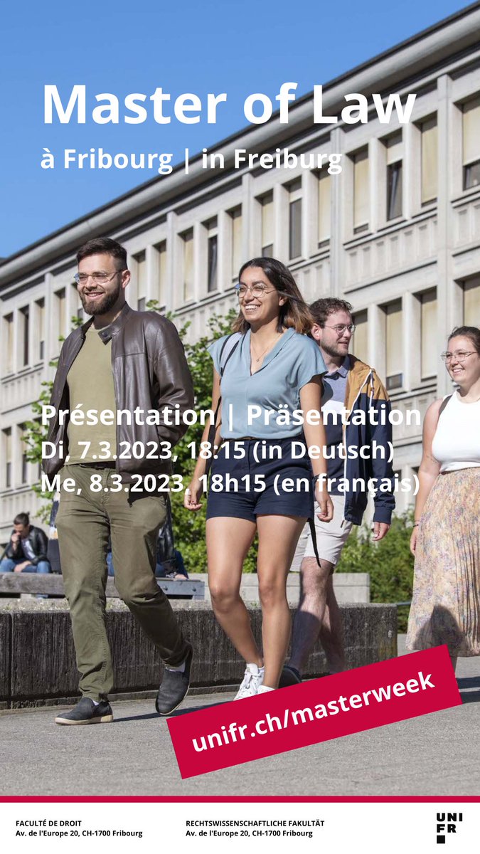 ius_fribourg's tweet photo. Vous envisagez de faire un Master en droit ? Alors venez nous rendre visite à la Masterweek 2023 et découvrez pourquoi Fribourg est l'endroit idéal pour vous :
🗓 Me, 8.3.2023, 18h15
Infos & inscription https://t.co/WstbedzVQN
#unifr #unifrmasterweek23 #mlaw https://t.co/wMj52J7Emp