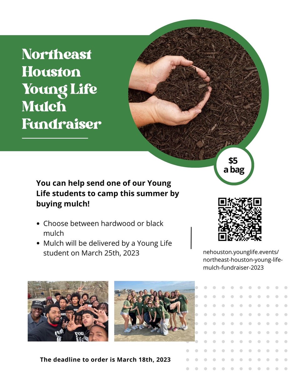 Summer Creek Young Life is selling mulch to help raise funds for summer camp this year! Consider supporting our students when looking for your yard refresh. Delivery March 25th! 
Link in our bio!