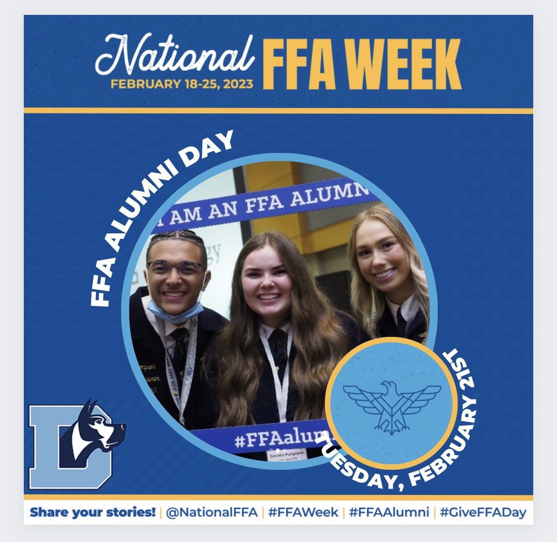 DHSVetScience's tweet photo. Happy FFA Alumni Day! Denmark FFA loves our Alumni!! #ForeverBlue #FFAWeek #FFAWeek2023 #FFA #NationalFFA #FutureFarmersOfAmerica #FFAProud #FFANational #FFAPartner #FFAAlumni #OutstandingAlumniAndSupporters #FFAForever #FFASupporter #NonProfit #Agriculture https://t.co/TsYfHI6Dnd