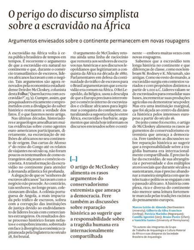 Marcosrrs211's tweet photo. Aqui está a versão impressa do meu artigo com colegas na Folha de SP de Hoje. Agradeço ao editor por ter cedido o espaço. A história complexa da África não merece uma leitura simplista marcada pelo que há de pior no pensamento europeu. Compartilhem! https://t.co/loHWU7SxrZ