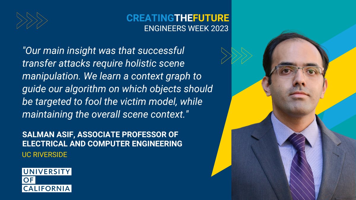 UCRBCOE's tweet photo. How can we stay safe as tech becomes increasingly autonomous? A team of UCR electrical engineers and computer scientists are investigating ways to protect attacks on computer vision systems. #UCEngineer #EWeek2023 #CreatingTheFuture #NationalEngineersWeek https://t.co/vhpLrIFs1a. https://t.co/3qyEe4YeZI