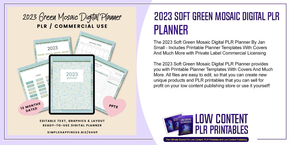 lowcontentplrprintables.com/shop/2023-soft…   #2023SoftGreenMosaic #DigitalPLRPlanner #plrplanner #jansmall #simplehappinessbiz #plrplanner #plannerbundle #plannerpages #plannertemplates #plannercovers #commercialuse...