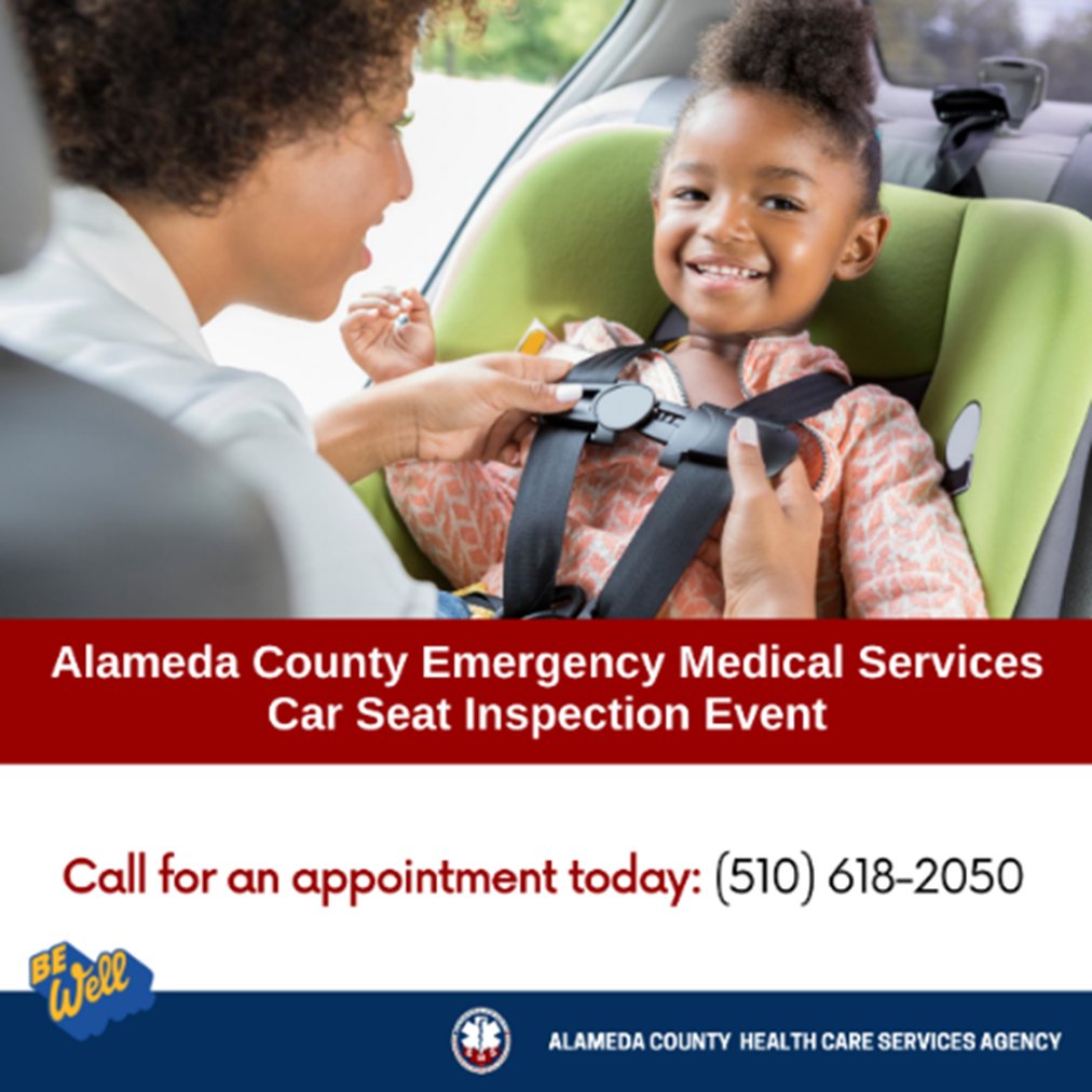 Have questions about your child’s car seat? Schedule an appointment for our next car seat inspection event on March 9. Our certified team will assist you with the proper harnessing and installation at no cost. 
Call today: (510) 618-2050 <a href="/AlamedaCounty/">Alameda County</a>