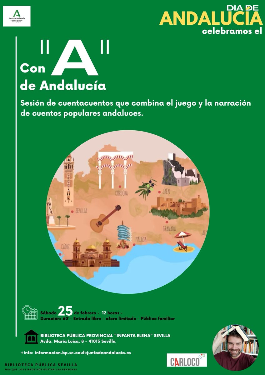 bibsevilla's tweet photo. 🎭Con "A" de #Andalucía: sesión de cuentacuentos que combina el juego y la narración de historias populares andaluzas por #Carloco en la @bibsevilla
📅Sábado 25 de febrero
⏰12 horas - entrada libre - aforo limitado
#DíadeAndalucía2023
@CulturaAND https://t.co/bFQx6tVjh1
