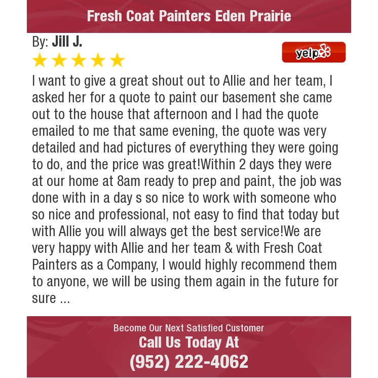 freshcoatEP's tweet photo. 5 Star: Jill J. "I want to give a great shout out to Allie and her team, I asked her for a quote to paint our..." https://t.co/qGkU6wqvgT https://t.co/Amx2BLwbcJ