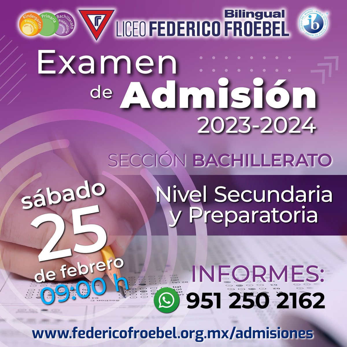 LFedeFroebel's tweet photo. EXAMEN DE ADMISIÓN SECCIÓN BACHILLERATO
Nivel Preparatoria y Nivel Secundaria
👉🏻 https://t.co/Ob03AgPR0F
📨 admisiones@federicofroebel.edu.mx
📞 : 951 520 1400
 📲Whatsapp: 951 250 2162 https://t.co/VTmyu35WKt