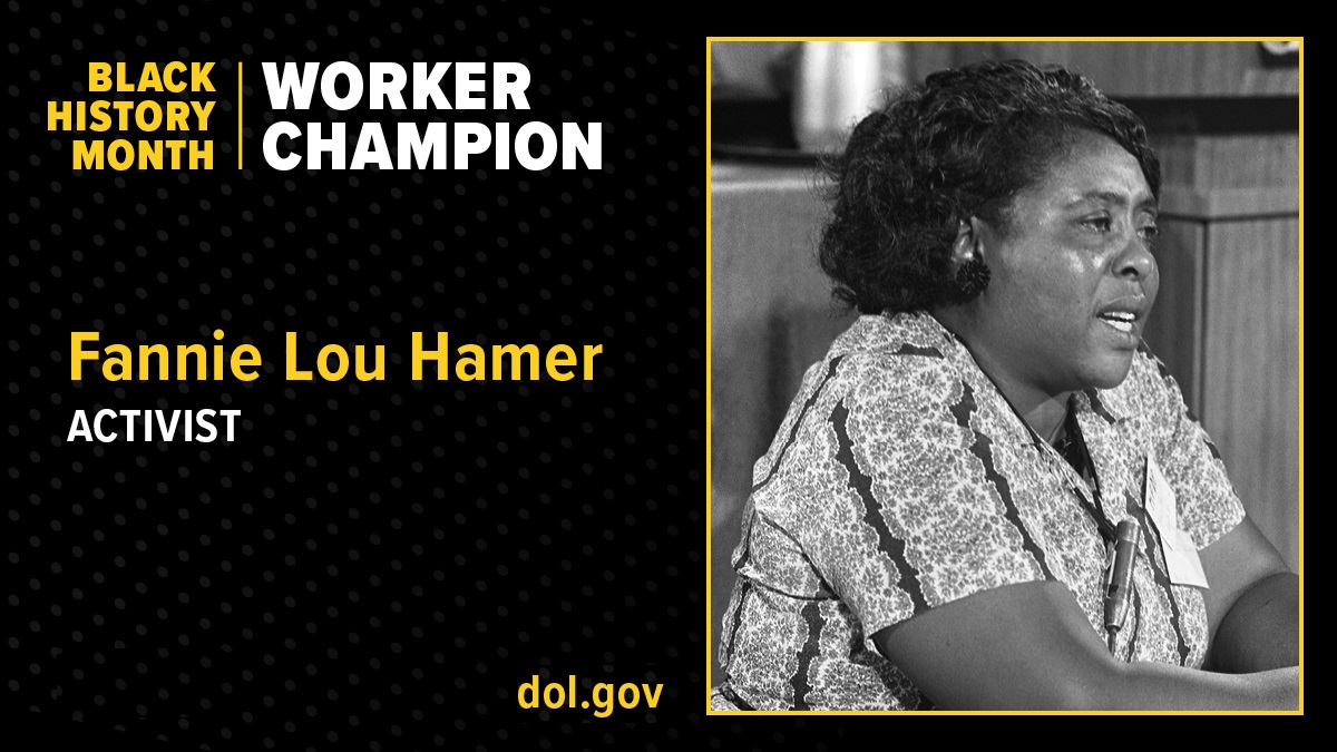 Civil rights activist Fannie Lou Hamer passionately promoted voting rights and employment/economic opportunities for Black Americans. She had polio as a child and suffered permanent injury when she was arrested and beaten for her activism. Learn more: blog.dol.gov/2022/02/14/hon… #BHM