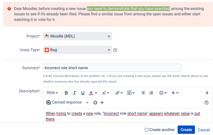 I'm trying to help moodle filling a bug and: 1. Can't change my email at tracker system and 2. Can't fill a bug because "you need to demonstrate that you have searched". And I did it. And I'm stuck there. <a href="/moodler/">🎓 Martin Dougiamas</a> <a href="/moodlehq/">Moodle HQ</a>