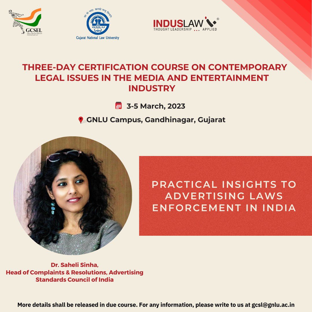 GCSEL1's tweet photo. MEET THE SPEAKER!  

We are beyond happy to announce the next speaker of our Three Day Certificate Course on contemporary legal issues in the media and entertainment industry, Dr. Saheli Sinha, Head of Complaints &amp; Resolutions, Advertising Standards Council of India. https://t.co/olTEksFUiQ