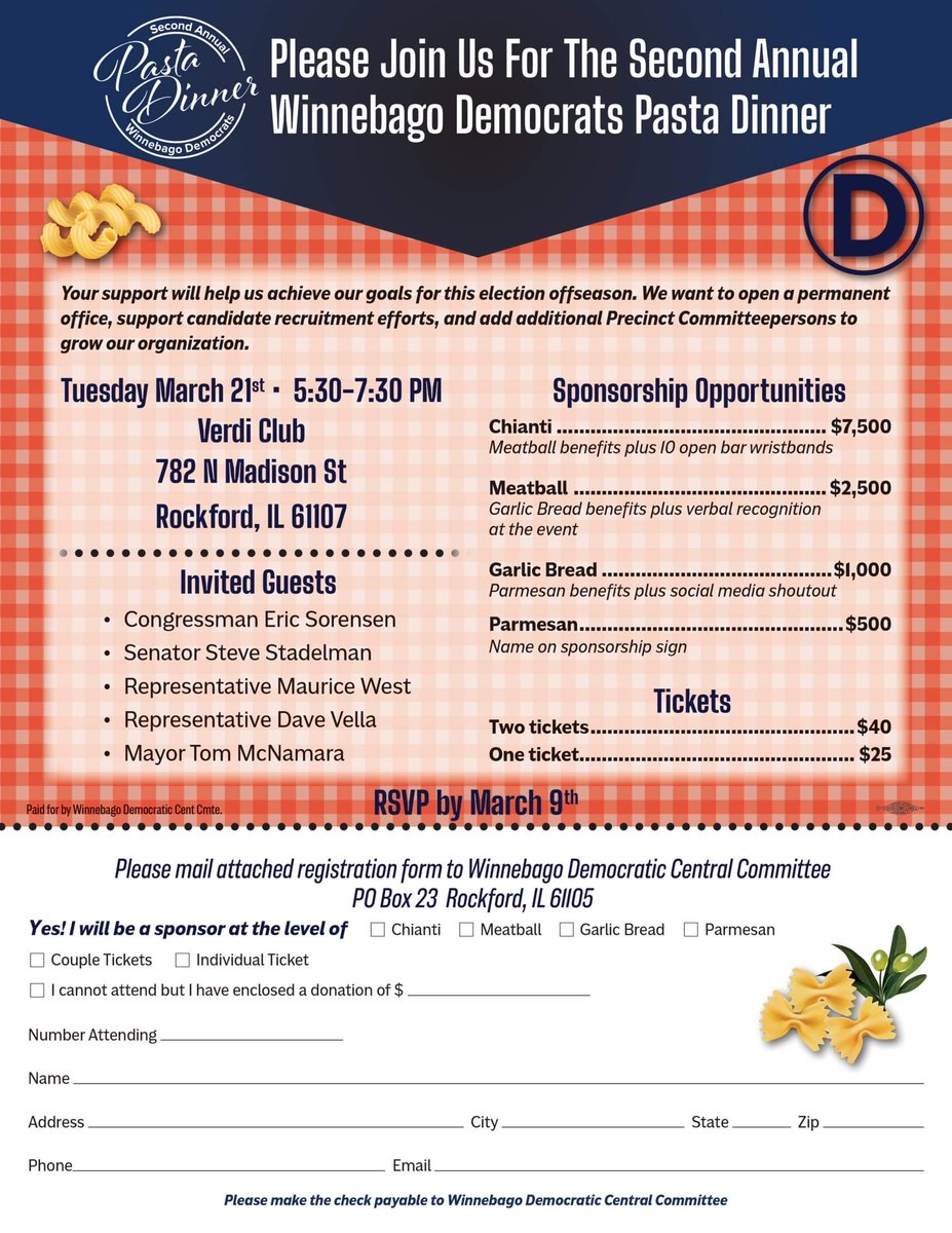 WinnDems's tweet photo. Come one, come all to our second aunnual pastas dinner fundraiser!!! Tuesday, March 21st. Further details ⬇️ #godems #ildem https://t.co/2NTwVntF0d