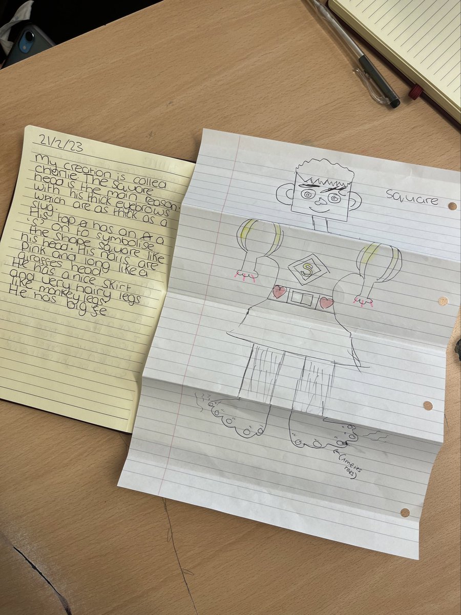 CVcreativewrite's tweet photo. We loved creating our own characters today as a group using the folding method. Lots of laughs when we opened them! #RITA #TeamCVHS @ColneValleyHigh ⭐️ ✍️ https://t.co/37LtZSamS7