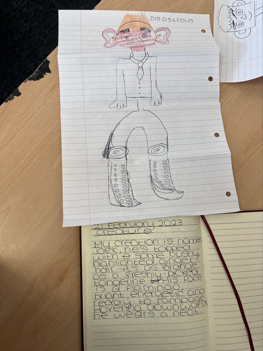 CVcreativewrite's tweet photo. We loved creating our own characters today as a group using the folding method. Lots of laughs when we opened them! #RITA #TeamCVHS @ColneValleyHigh ⭐️ ✍️ https://t.co/37LtZSamS7