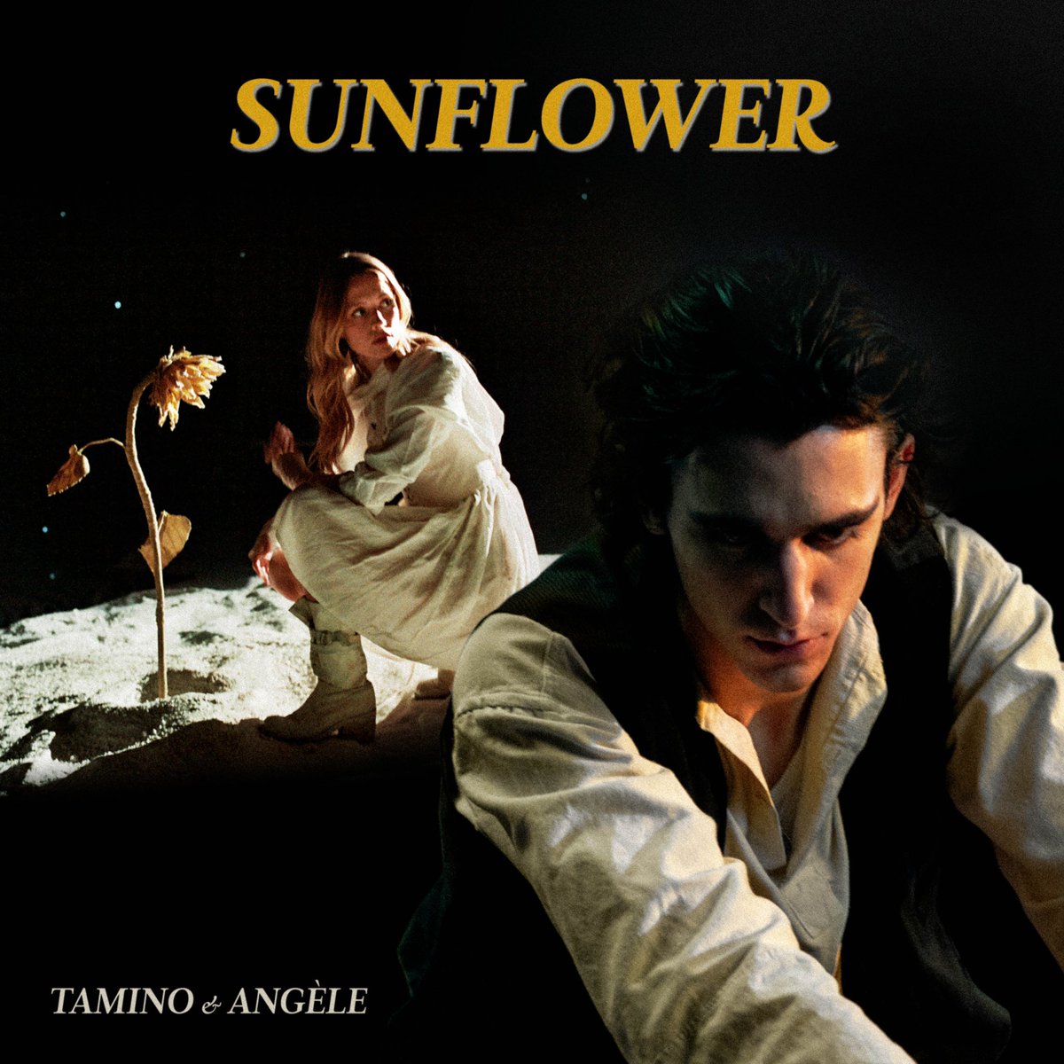 taminoamir's tweet photo. Sunflower music video premiere tomorrow at 6pm CET / 12pm ET!🌻 Get notified: https://t.co/32ukNmRLoH 
Also: Angèle and I had a fun conversation about the video, the song, etc. YouTube premium members can watch it after the premiere 💛
Photo: Kris Dewitte Design: Studio Daoudi https://t.co/c1QJ2e0DcC