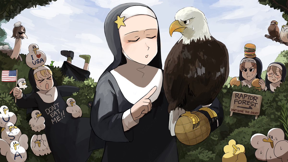 clumsy nun (diva) ,froggy nun (diva) catholic chicken nun bird multiple girls duck closed eyes  illustration images