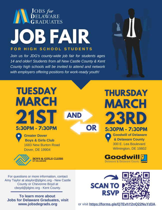 This spring, students age 14+ from all New Castle County and Kent County high schools are invited to attend and network with employers at the <a href="/jobsdegrads/">JDG</a> job fairs in Dover on 3/21 and Wilmington on 3/22. Vendors register by 3/10.
hubs.ly/Q01ChH4m0 #ChooseDelaware #NetDE
