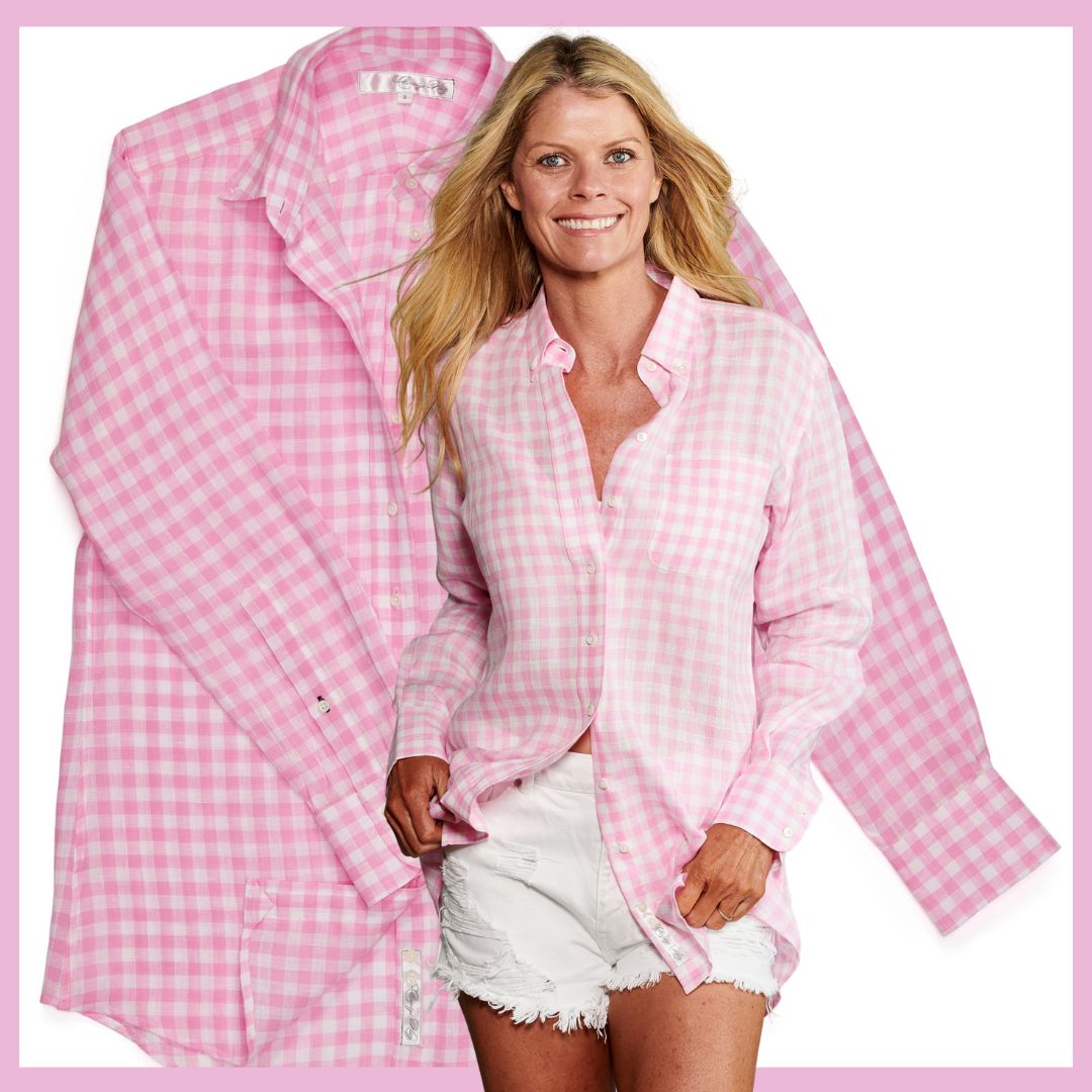 Pretty in Pink! Our linen pink gingham boyfriend-style shirt (The His is Hers) has arrived. (And we even have matching sleep shorts, too.)