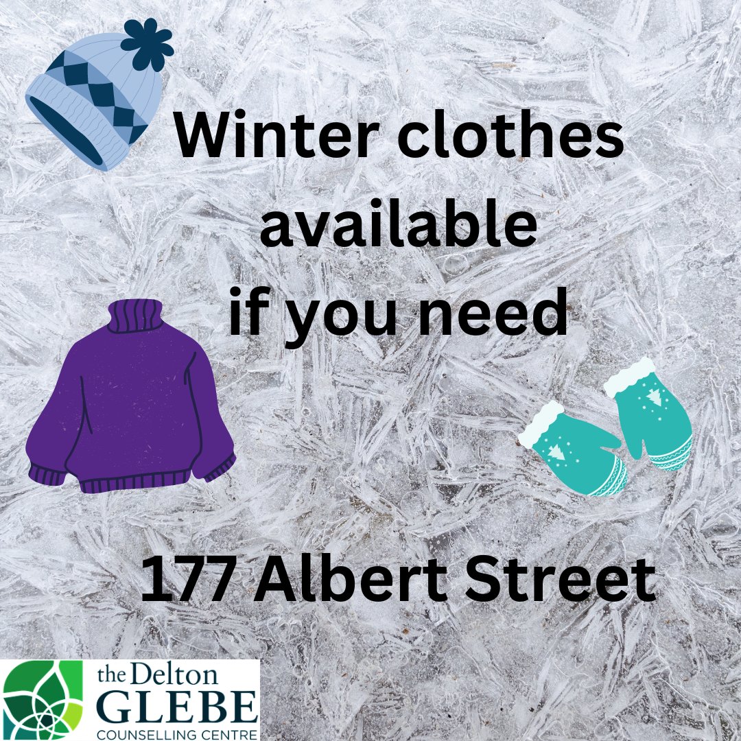 At our location at 177 Albert Street, Waterloo, we have a small closet of men's and ladies' winter clothes including sweaters, long pants, coats, hats, and gloves. Feel free to stop by if there is something you need.