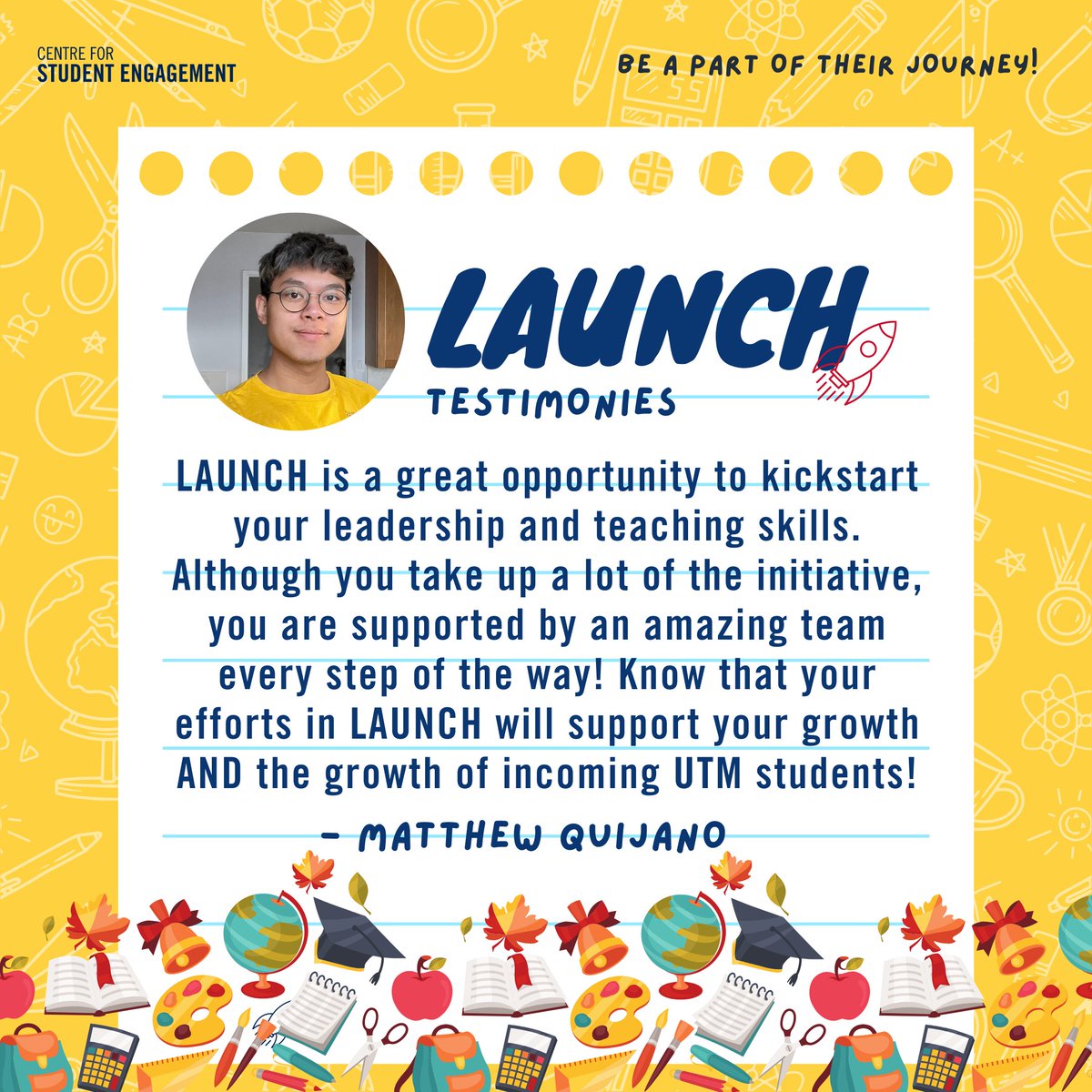 utm_engage's tweet image. Are you passionate about helping new students adjust to university life? Intern with us and become a LAUNCH Leader🚀 Applications close March 14th. Visit the link in our bio for more information!🤩