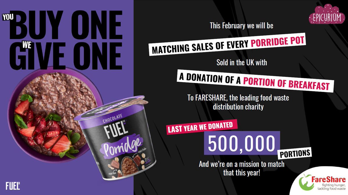 This month, @FUEL10K are matching sales of every FUEL10K Porridge pot sold in the UK with a donation of a portion to @FareShareUK UK’s national network of charitable food redistributors, in an effort to fight hunger and tackle food waste.

#snack #fairshare #preventfoodwaste