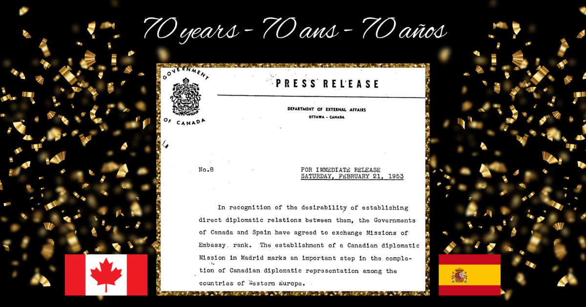 70 years ago, 🇨🇦 and 🇪🇸 agreed to open their respective embassies to boost diplomatic relations. We celebrate this anniversary, proud of the strong friendship between our two countries, their businesses and their peoples. Happy diplomatic anniversary! 🇨🇦🇪🇸