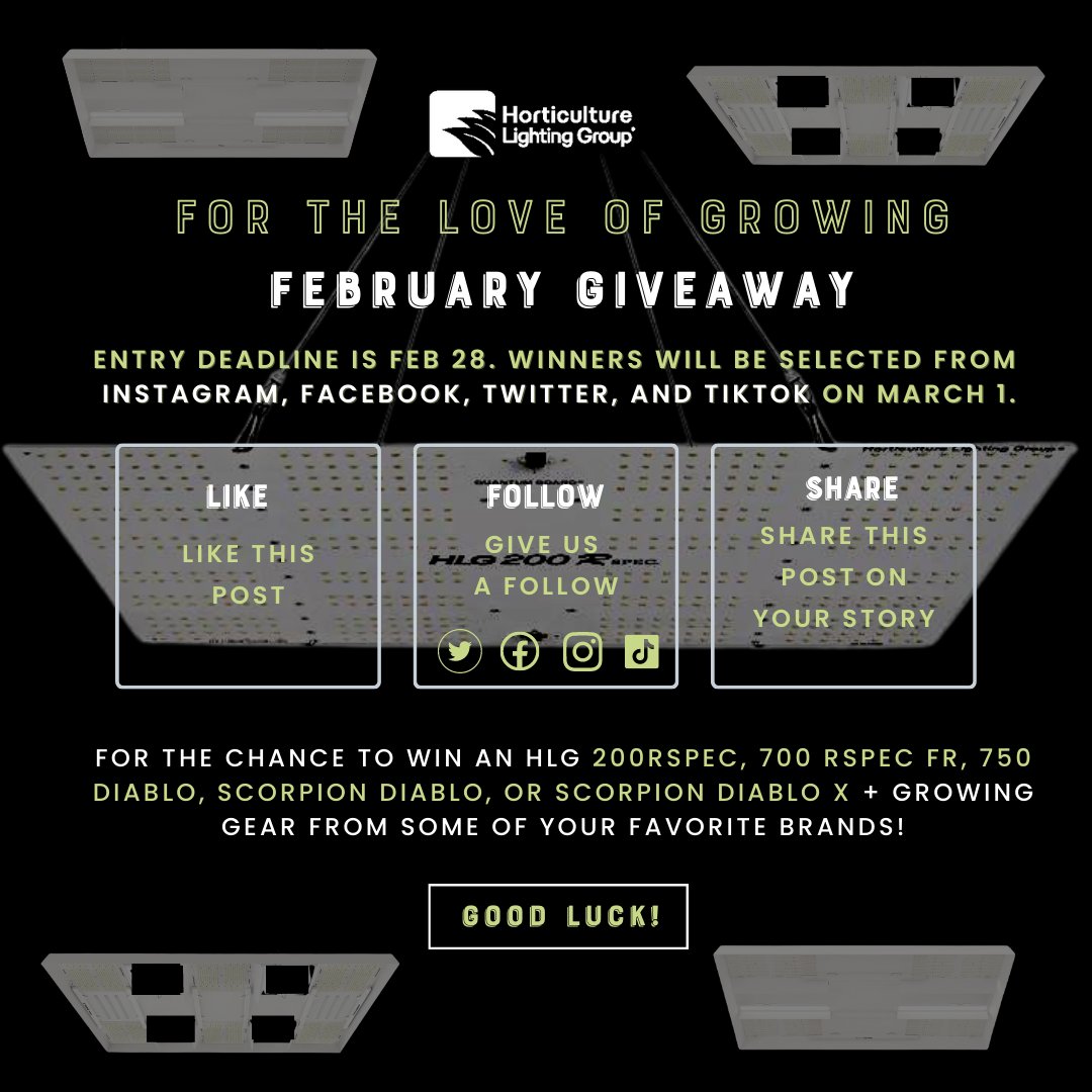 Big thanks to <a href="/rareseeds/">Baker Creek Seeds</a> and <a href="/GrowersHouse/">GrowersHouse</a> for donating!

To officially enter, find/follow us on -
FB: @horticulturelightgroup
IG: @horticulturelightinggroup, backup <a href="/hlgusa/">Harvey Gordon</a>
Twitter: <a href="/HLGLED/">Horticulture Lighting Group</a>
TikTok: @hlglighting

Good luck &amp; growers love! 🤙 💚
