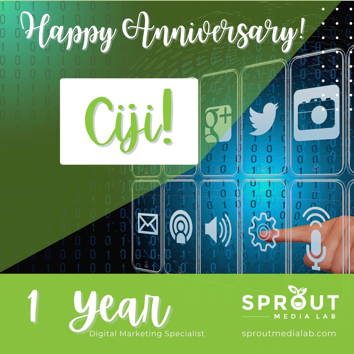 SproutMediaLab's tweet photo. HAPPY 1ST WORK ANNIVERSARY to our amazing Digital Marketer, Ciji! Thank you for all that you do for our clients! Cheers 🥂 to your first year at Sprout Media Lab and the many more ahead! 

#DigitalMarketing #SproutShoutOut #SproutMediaLab https://t.co/x4Mv5VMdPv