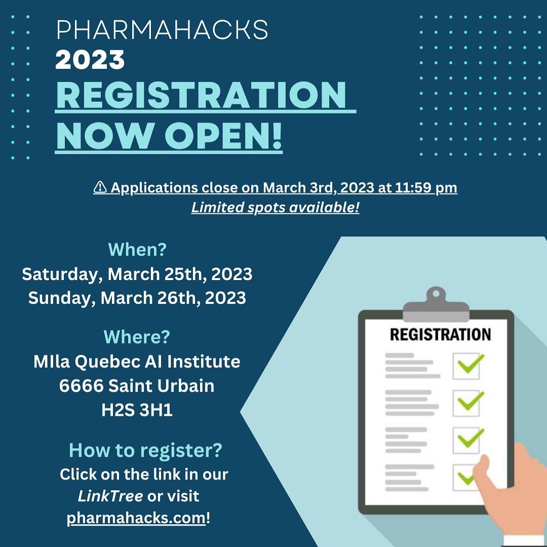 PharmaHacks's tweet photo. 🎉 Get ready for a PHARM-TASTIC time! 💊 Registration for PharmaHacks is officially OPEN! Join us for a chance to win BIG prizes, FREE food, drinks, and t-shirts. Hurry, spots are limited! 🚀 Sign up now! 
https://t.co/t7gOpuYX4O

#PharmaHacks #Bioinformatics #Hackathon https://t.co/49boOUlvCS