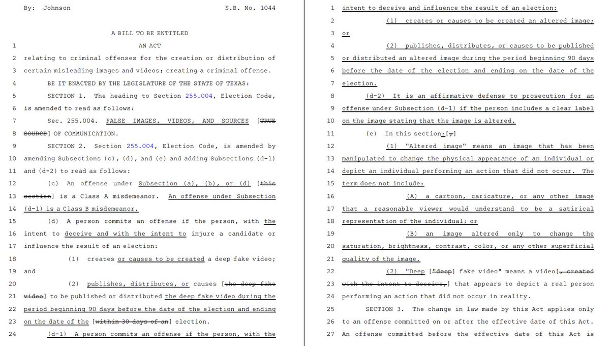 This is interesting: @NathanForTexas's #SB1044 lays out a criminal penalty for creating a 'deep fake' video or recording of a candidate and publishing it 'with the intent to deceive and intent to injure' within 90 days of an election. #txlege

Bill: capitol.texas.gov/tlodocs/88R/bi…