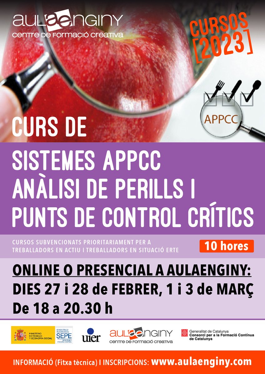 aulaenginy's tweet photo. Canvi de dates del Curs de Sistemes APPCC (ANÀLISI DE PERILLS I PUNTS DE CONTROL CRÍTICS). Informa't i apunta't-hi!
https://t.co/jXp9EZtcgO https://t.co/QeyDGcKK15