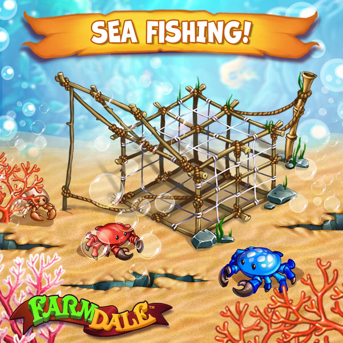 FarmDaleGame's tweet photo. A crab catching tournament is starting at Farmdale 🦀 . Catch the creatures with your fishing pole, or trap them 🎣 on your underwater farm. The more you collect, the more unique prizes you'll get!

#gamegarden #farmdale #fdgame #farmdaleplay #keepcalmandplay https://t.co/YtcHTzKEDF