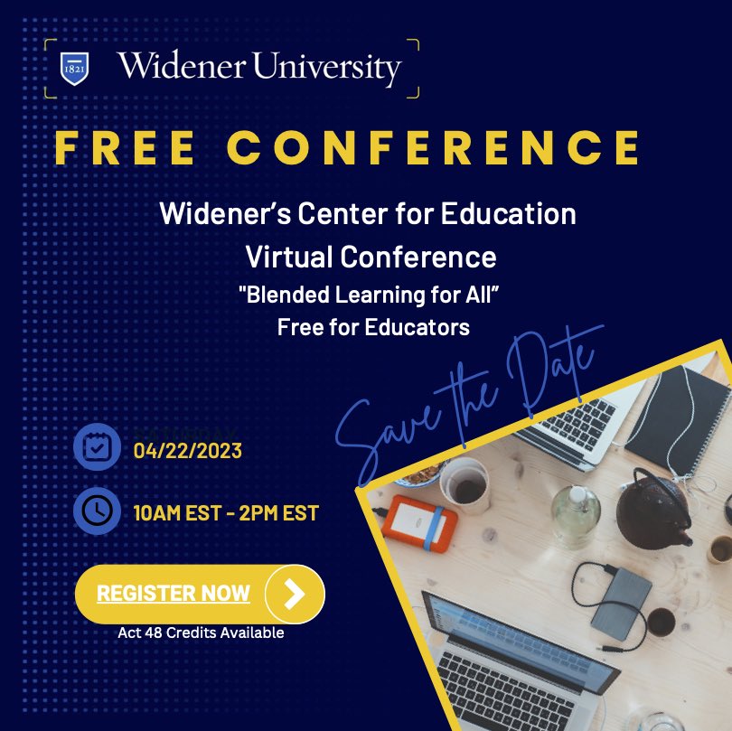 Join us on Saturday April 22, 2023 for our free Widener’s Center for Education virtual blended learning conference! 

go.widener.edu/register/Blend…

Submit your proposal idea by Friday, March 10, 2023.

docs.google.com/forms/d/e/1FAI…

 #Blended4All #WUVEC #Widener