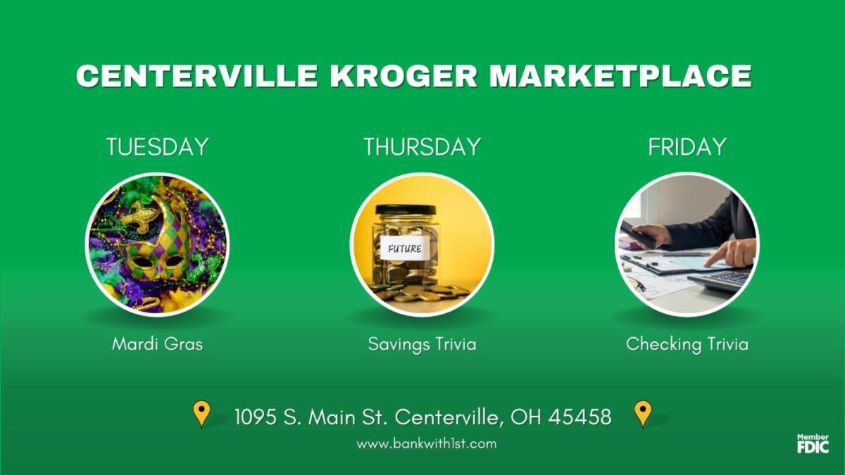 1NB's tweet image. Our In-Store Events for this week! 

We have giveaways, trivia, and more! Stop by an say hi. 

#1stNationalBank #BankYourBest #InStoreEvents #Centerville #Lebanon #Kroger #Walmart