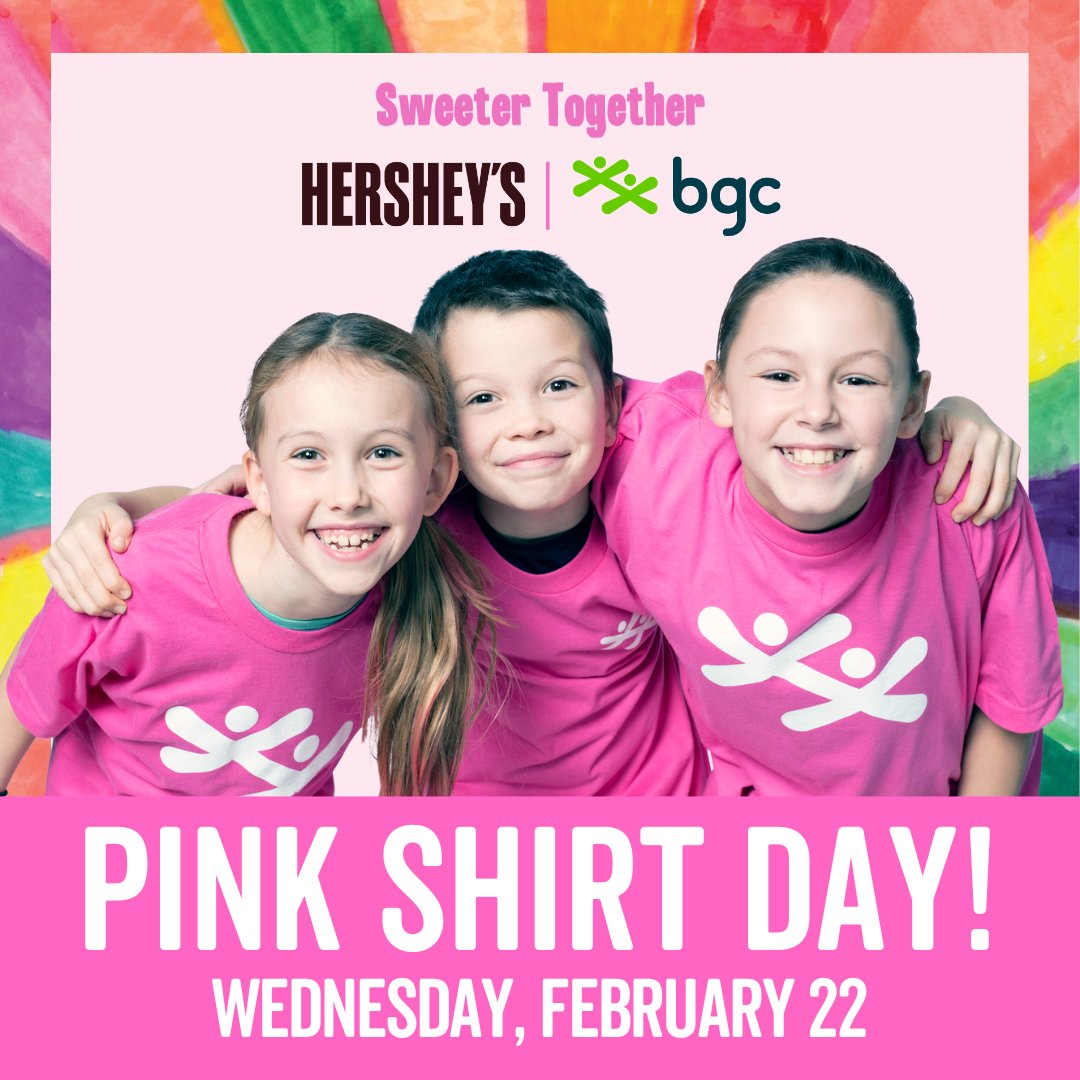 Don't forget to wear your pink shirt tomorrow and for #PinkShirtDay and be #SweeterTogether with BGC and <a href="/Hersheys/">HERSHEY'S</a>! 
We celebrate and promote kindness and inclusion every day here at BGCN, and we're proud to offer special activities this week with the support of Hershey's
<a href="/BGCCAN/">BGC Canada</a>