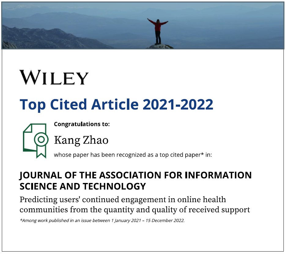 kangzhao's tweet photo. A 2021 paper with @XiangyuWang18 @AndyCHigh and @taotaowangxi becomes a top cited article at @JASIST 
https://t.co/l8ZZ9QXF5e https://t.co/ALOkfKUVCu